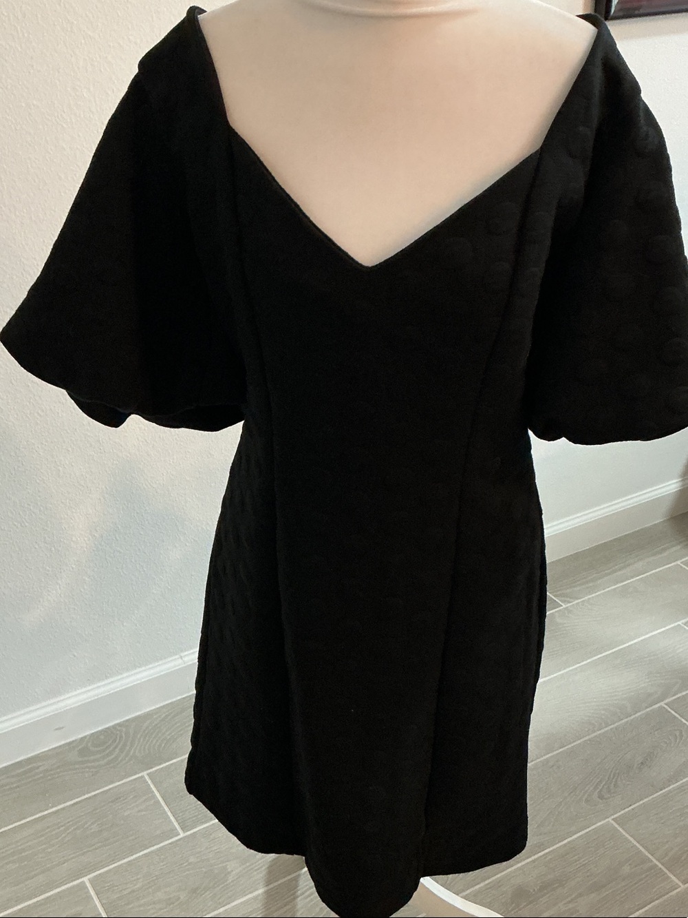 Betsey Johnson Black Textured V-Neck Mini Dress with Flutter Sleeves